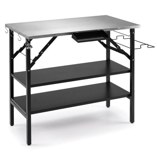 Foldable Outdoor Cook Station with Removable Shelves & Trash Bag Holder for Camping-Black