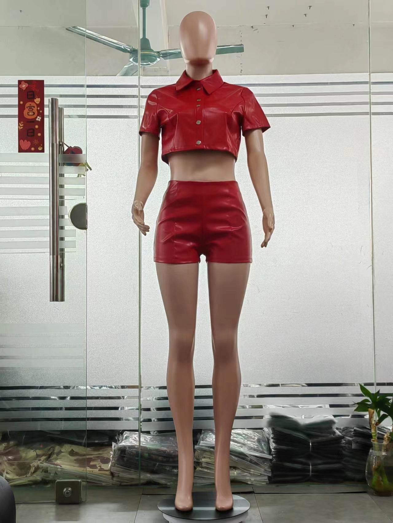 Leather Coat New Breasted Waist-tied Short-sleeved Shirt Shorts Set