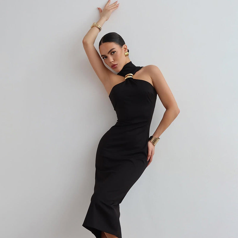 Summer New Women's Sexy Hot Girl Turtleneck Solid Color Dress