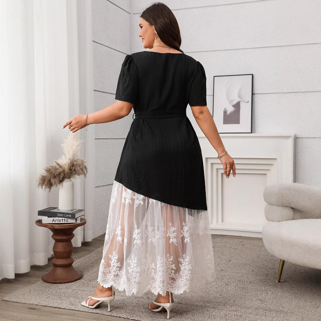 Women's Stitching Lace Lace-up Dress Loose