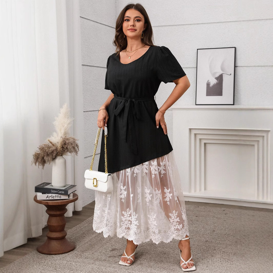 Women's Stitching Lace Lace-up Dress Loose