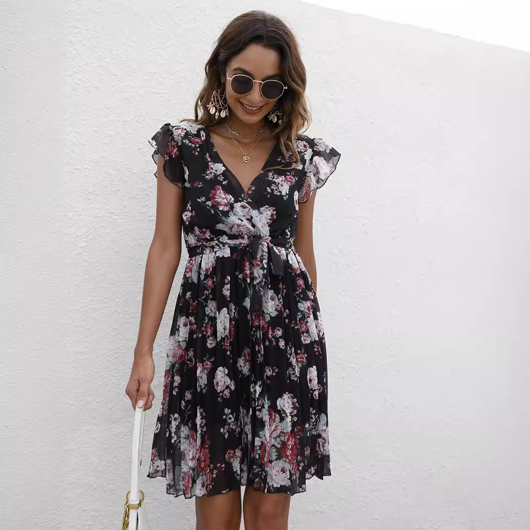 V-neck Waist-controlled Lace-up Printing Dress