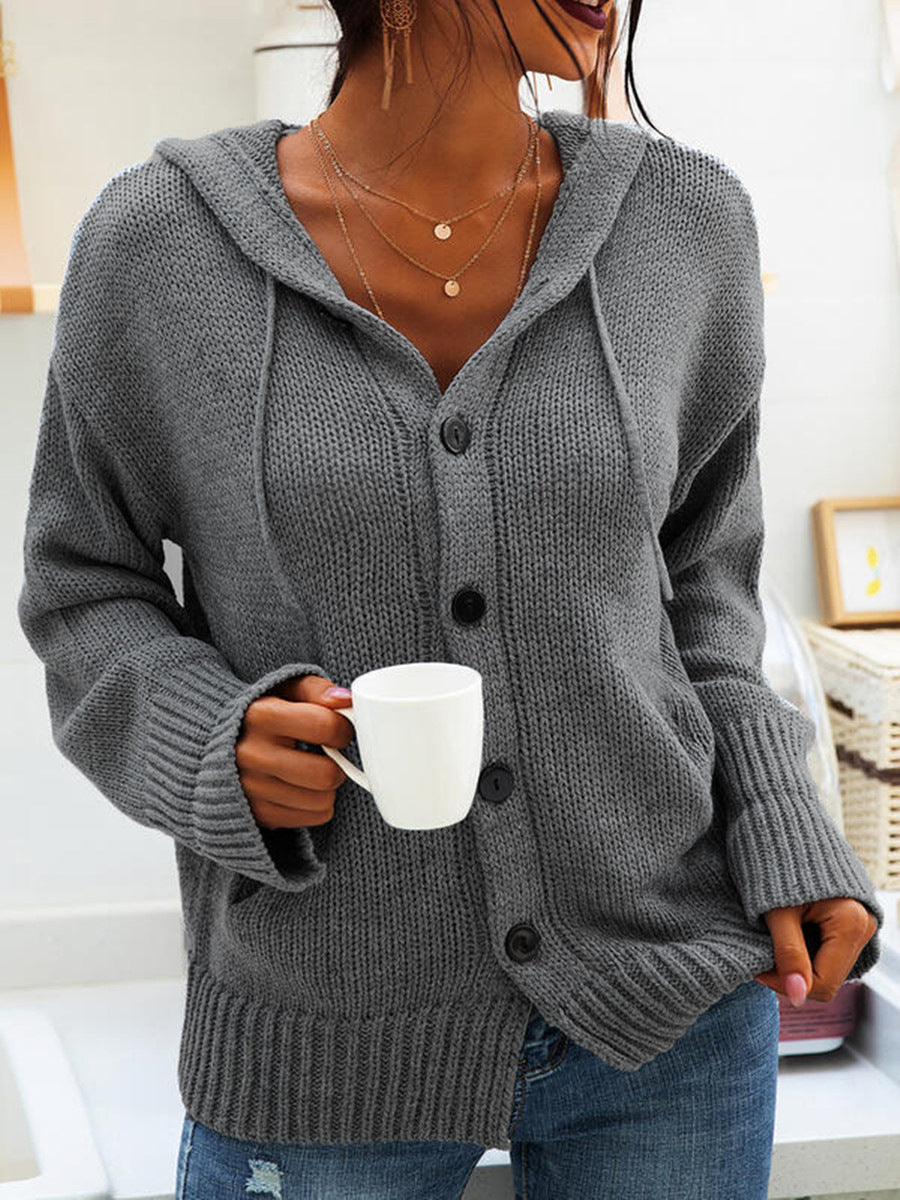 Hooded Knitted Long-sleeved Breasted Cardigan Drawstring Sweater