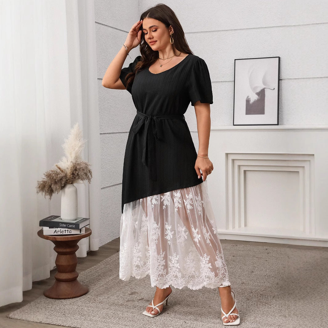 Women's Stitching Lace Lace-up Dress Loose