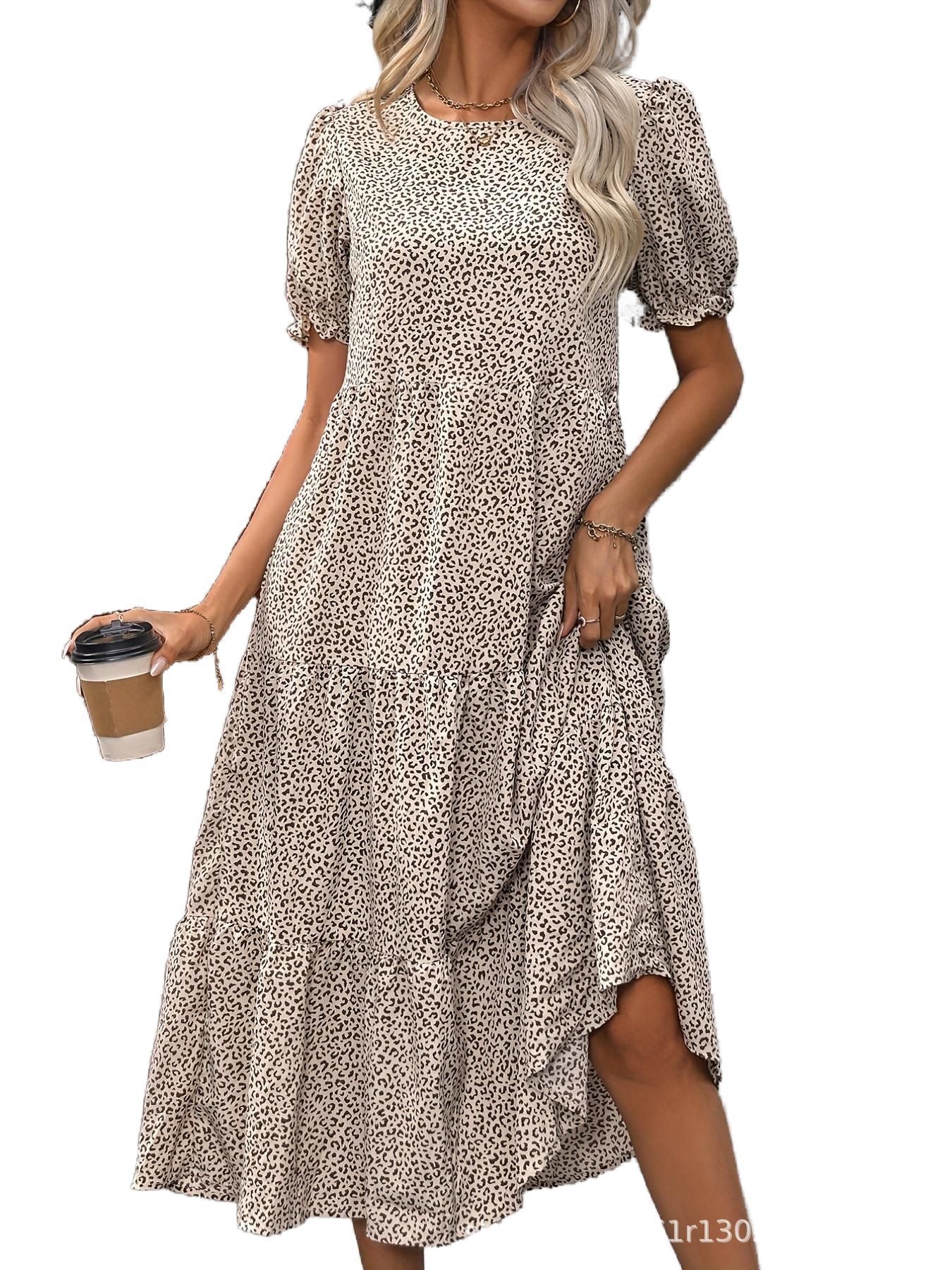 Casual Bohemian Dress Leopard Print Floral Print Pleated Puff Sleeve Jumpsuit