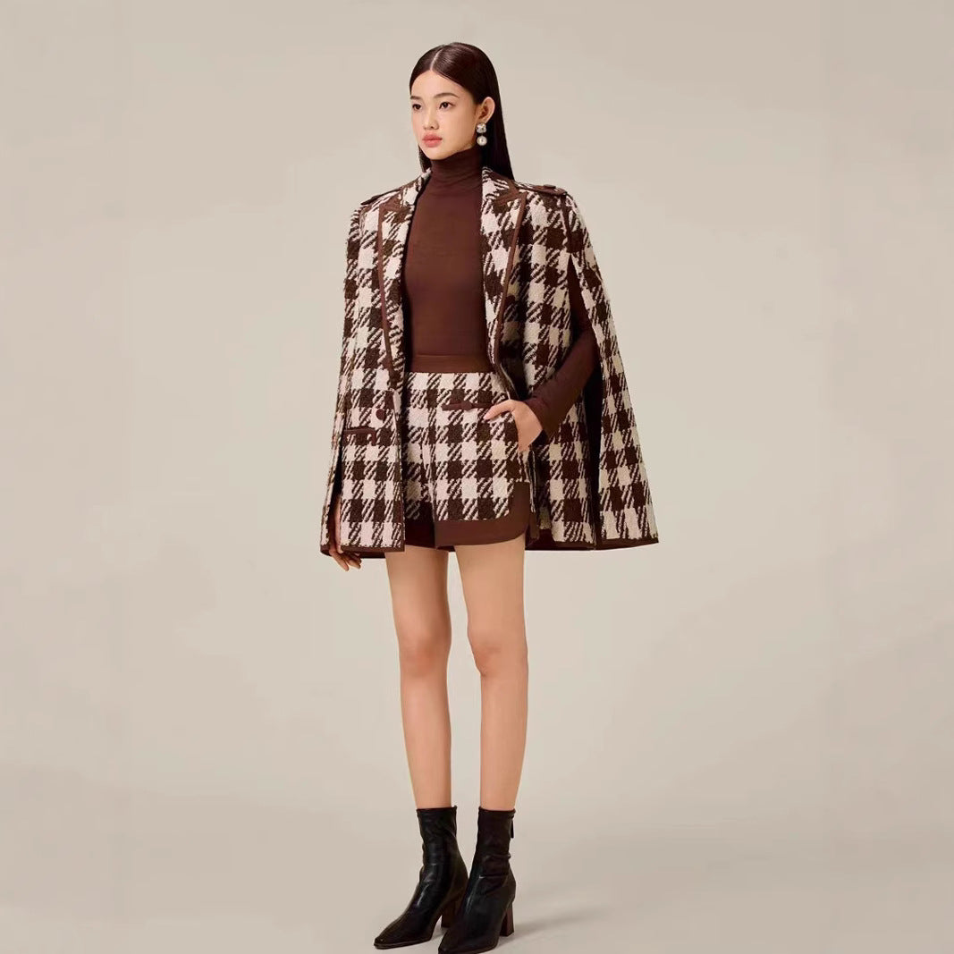 Houndstooth Woolen Cape Coat Shorts