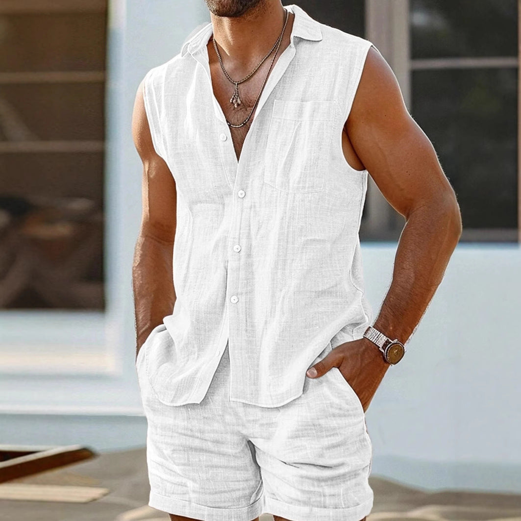 Men's Casual Stand Collar Cardigan Vest Cotton And Linen Style Suit