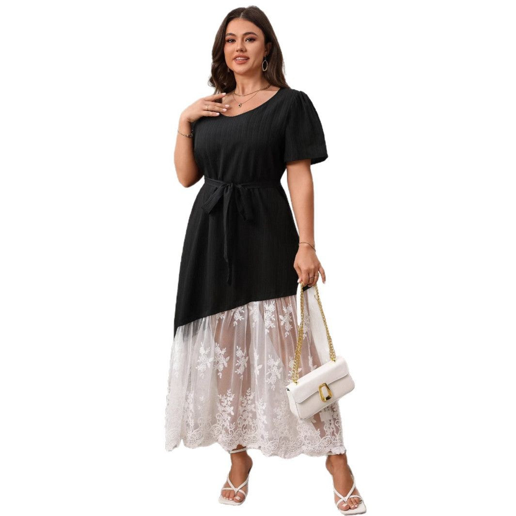 Women's Stitching Lace Lace-up Dress Loose