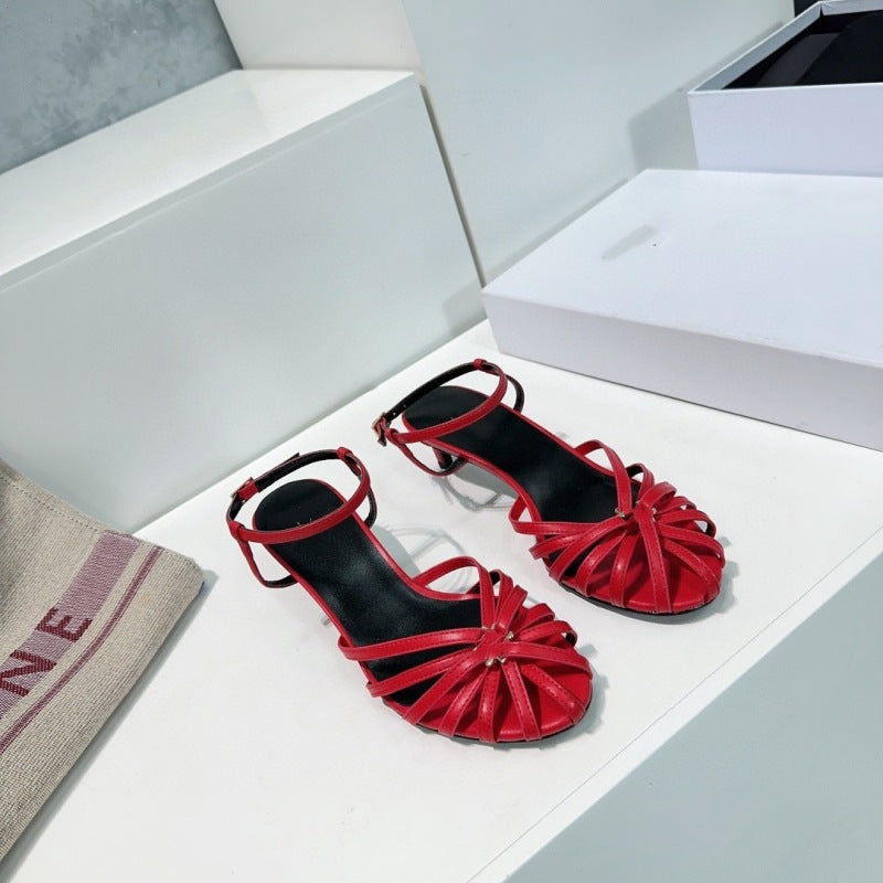 Vintage Weave Hollow-out Roman Style Mid Heel Sandals