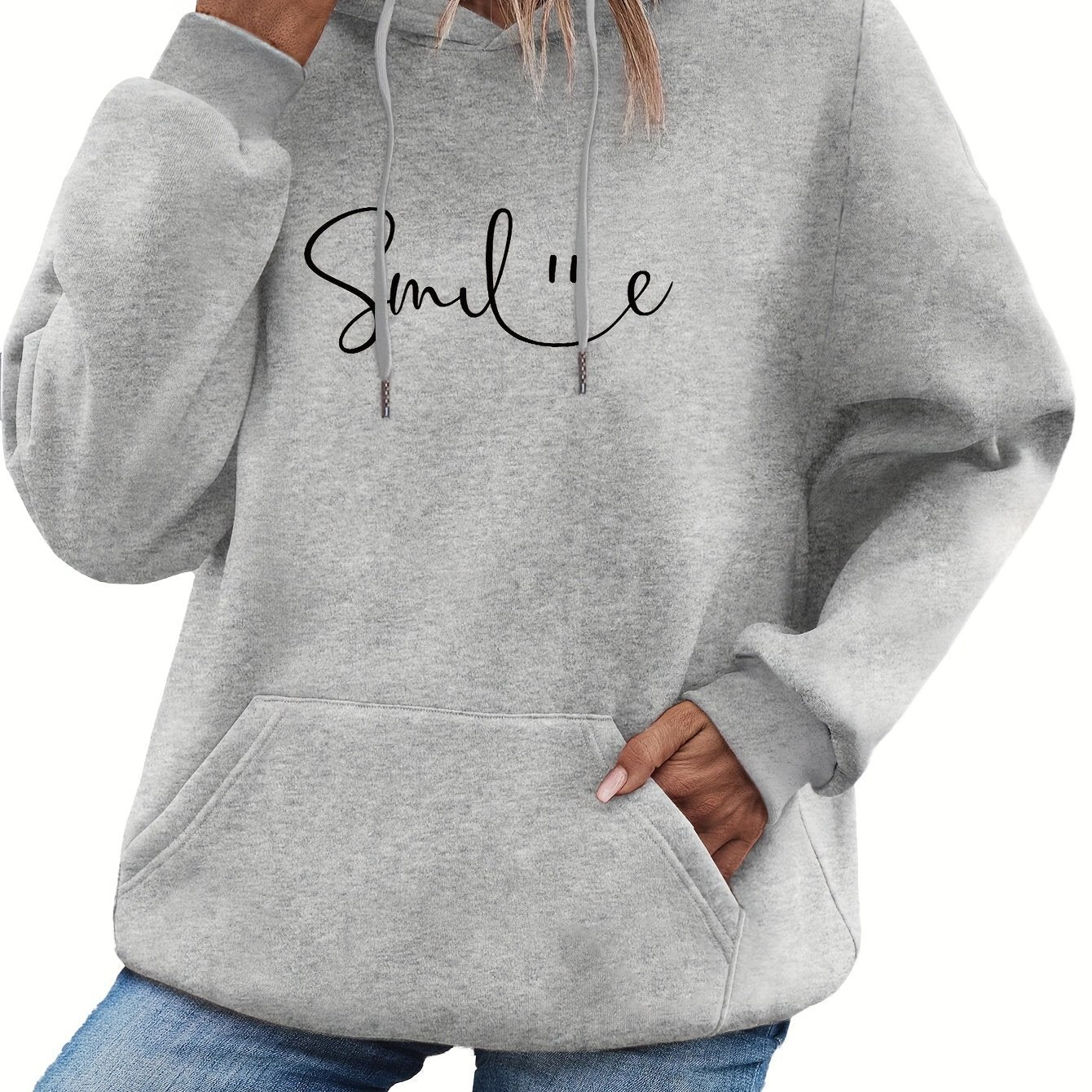 Womens Smile Print Hoodie With Kangaroo Pocket-comfortable