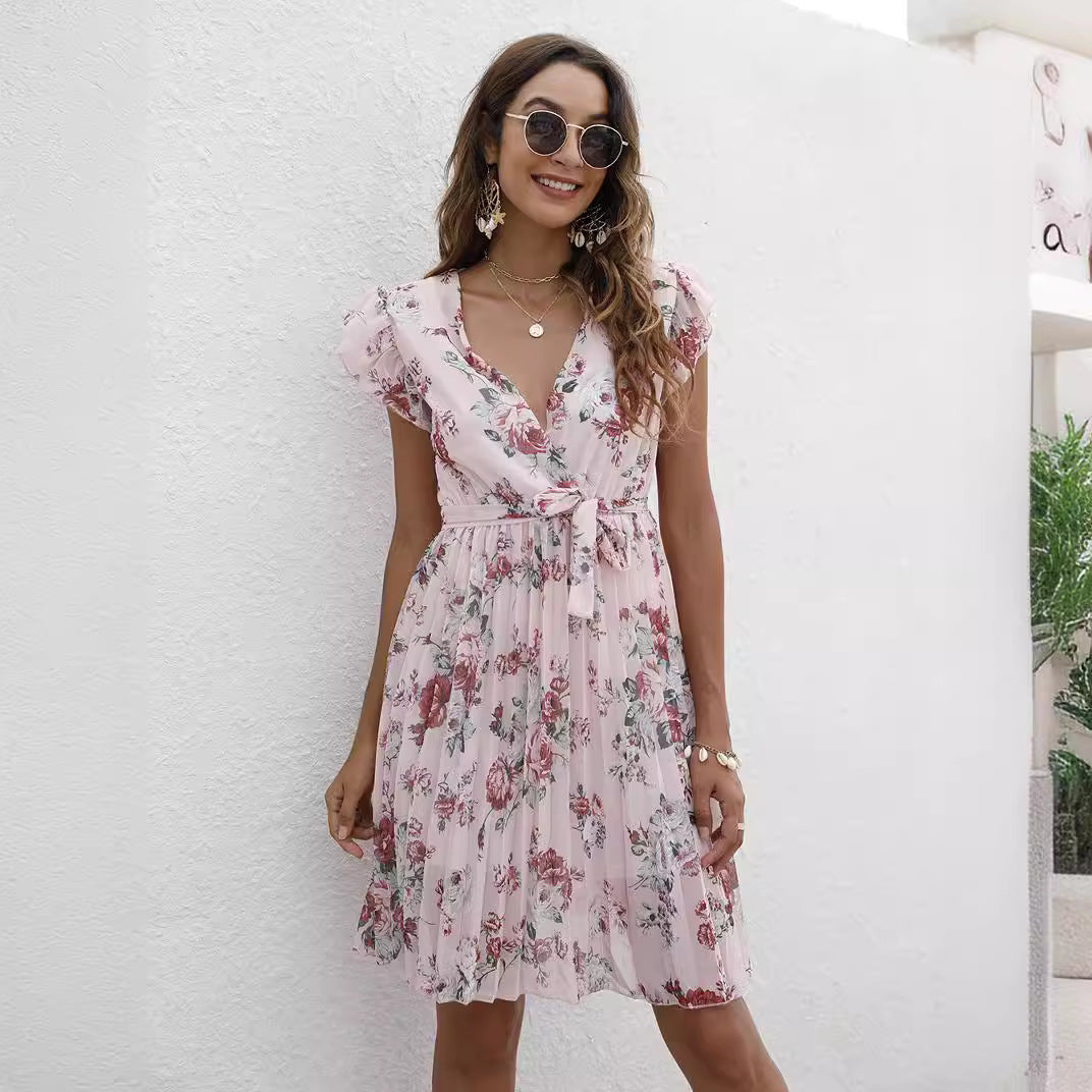 V-neck Waist-controlled Lace-up Printing Dress