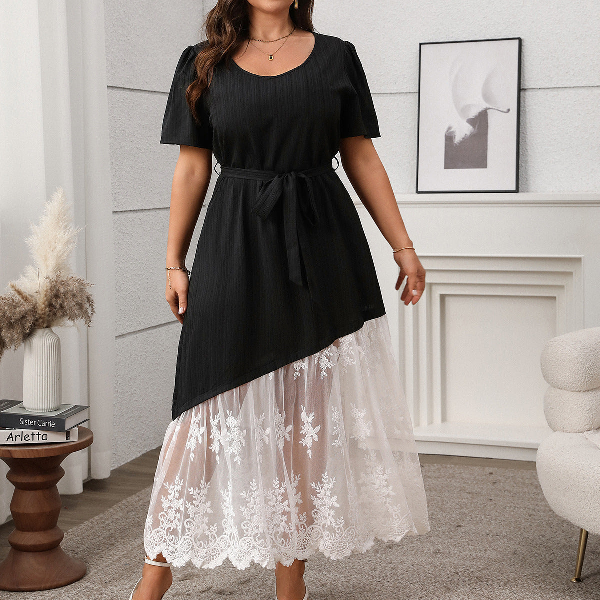 Women's Stitching Lace Lace-up Dress Loose
