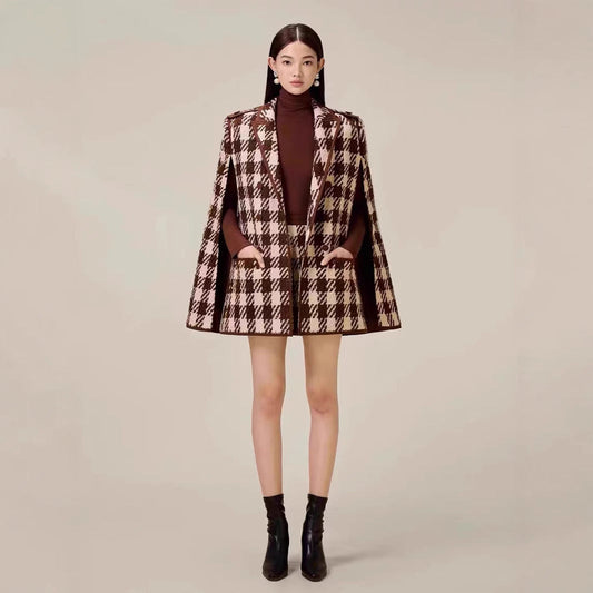Houndstooth Woolen Cape Coat Shorts
