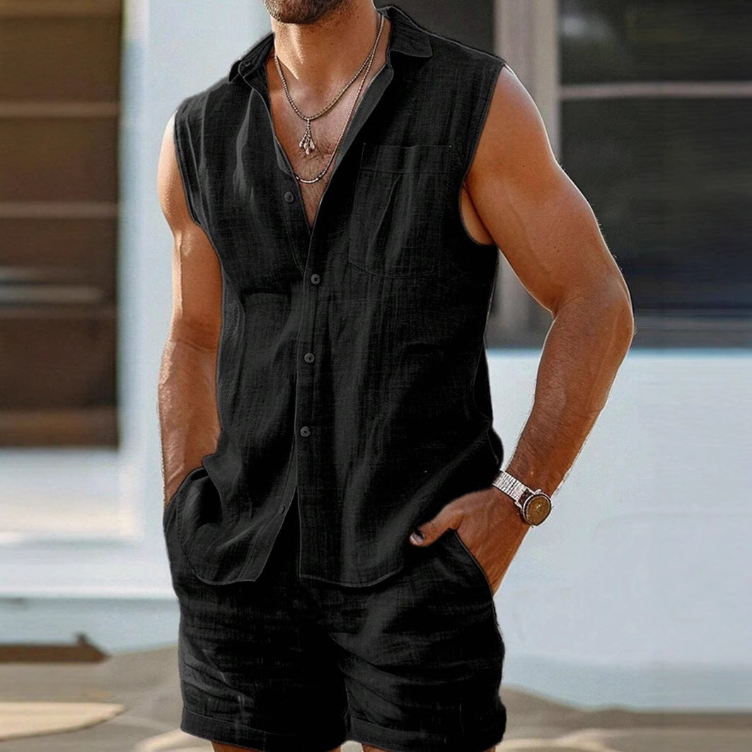 Men's Casual Stand Collar Cardigan Vest Cotton And Linen Style Suit