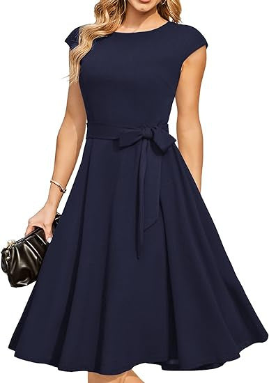 Summer Round Neck Sleeve Waist Belt Slim Print Sleeveless Swing Dress