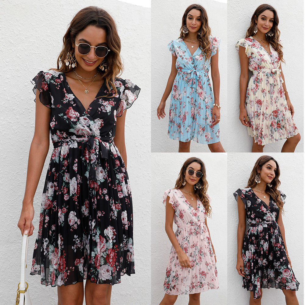 V-neck Waist-controlled Lace-up Printing Dress