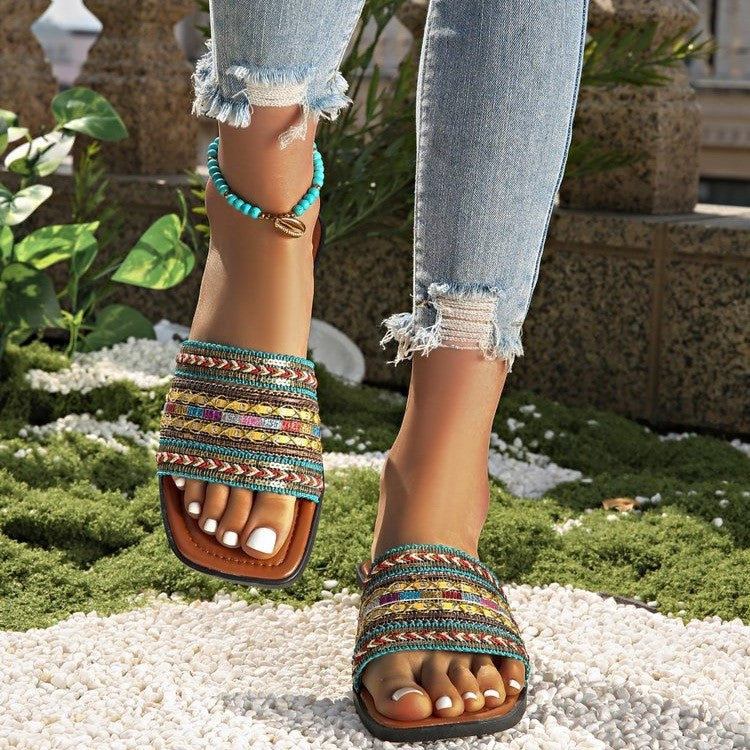 Breathable Bohemian Style Slip-on Peep-toe Slippers