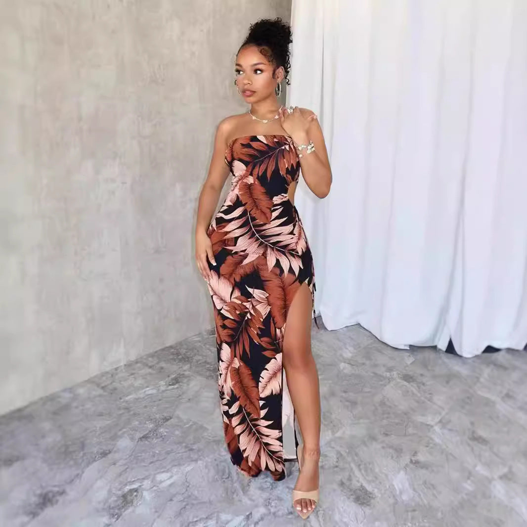 Women's Wrapped Chest Flower Print High Slit Long Dress
