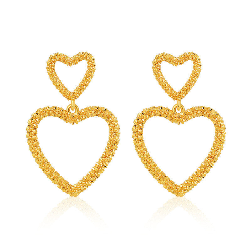 Color Retention Copper Plating 18K Real Gold Overlapping Design Double Layers Loving Heart Earrings