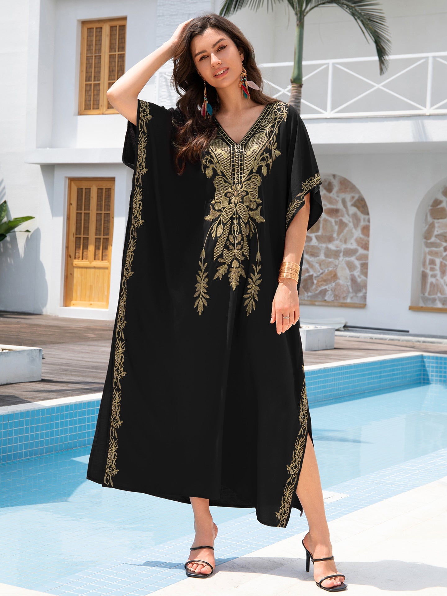 Outerwear Cover-up Rayon Embroidery Plus Size Long Dress Women