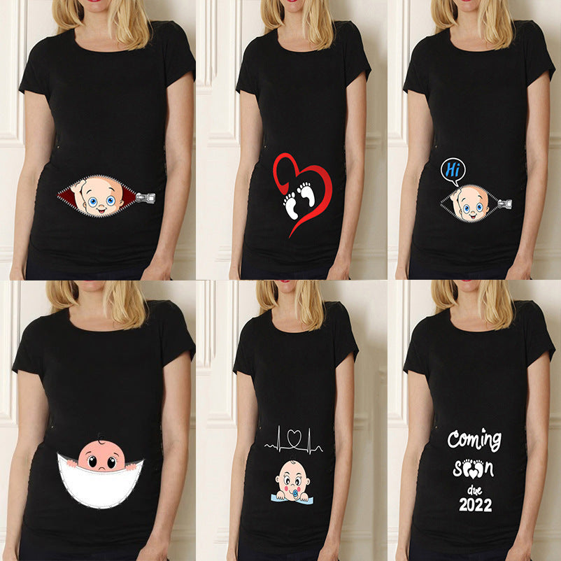 Black Pregnancy Shirt Maternity Cute Baby Print O-Neck Short
