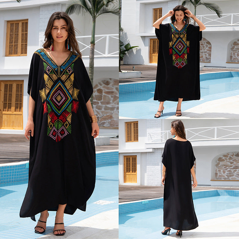 Outerwear Cover-up Rayon Embroidery Plus Size Long Dress Women