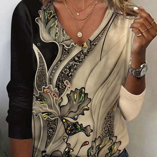 Fall Winter Fashion Printing Long-sleeve T-shirt Sexy Temperament Collar Top Slim Women's Clothing Animal And Plant Printing