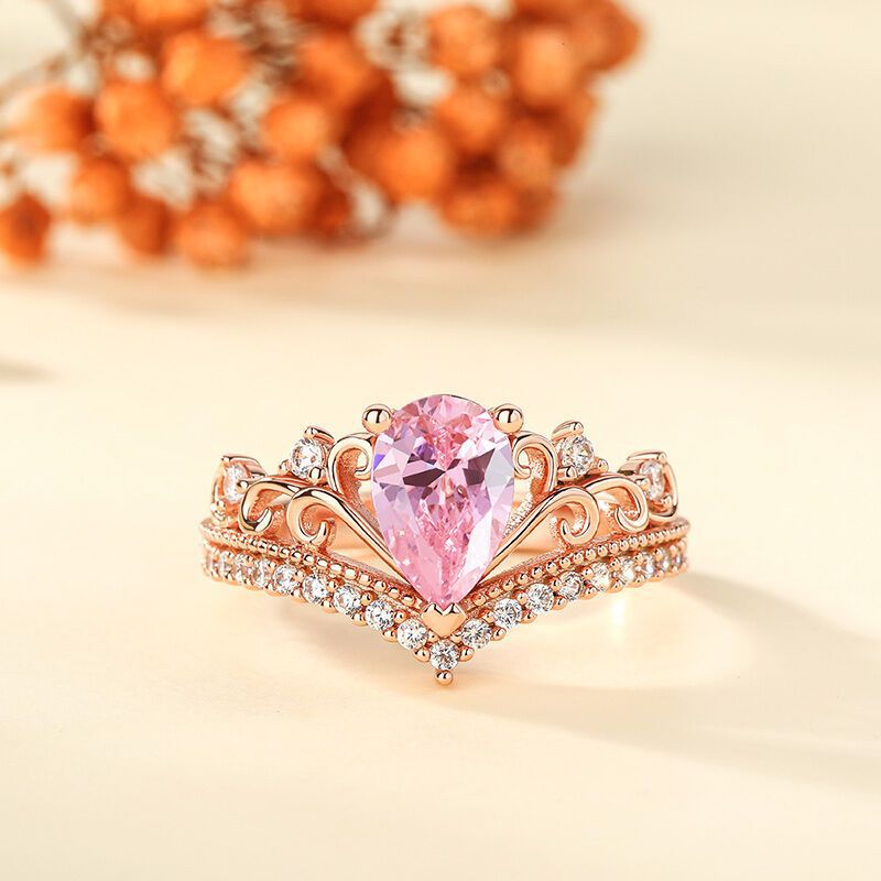 Affordable Luxury Fashion Water Drop Pink Diamond Side White Diamond V Ring
