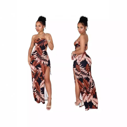 Women's Wrapped Chest Flower Print High Slit Long Dress