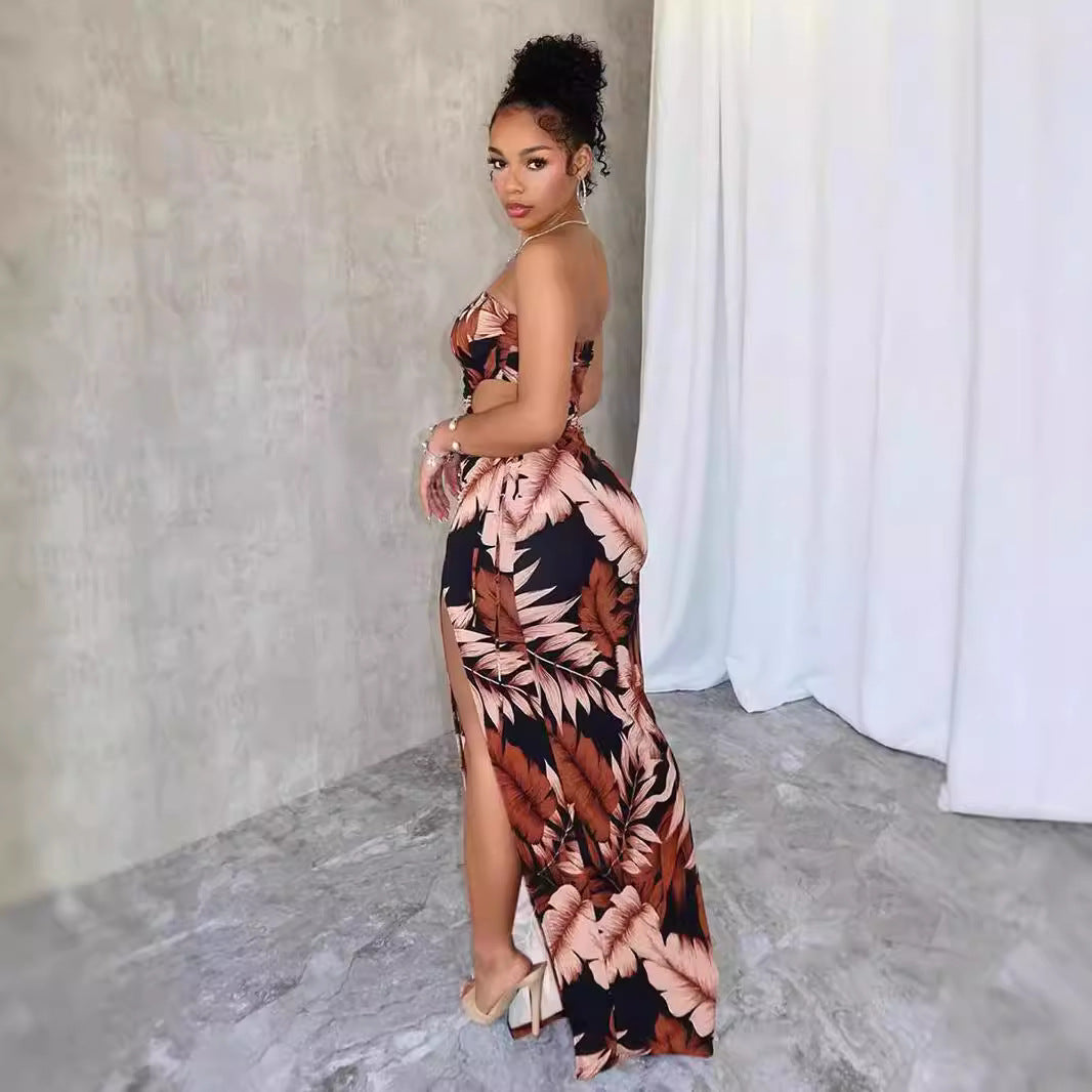 Women's Wrapped Chest Flower Print High Slit Long Dress