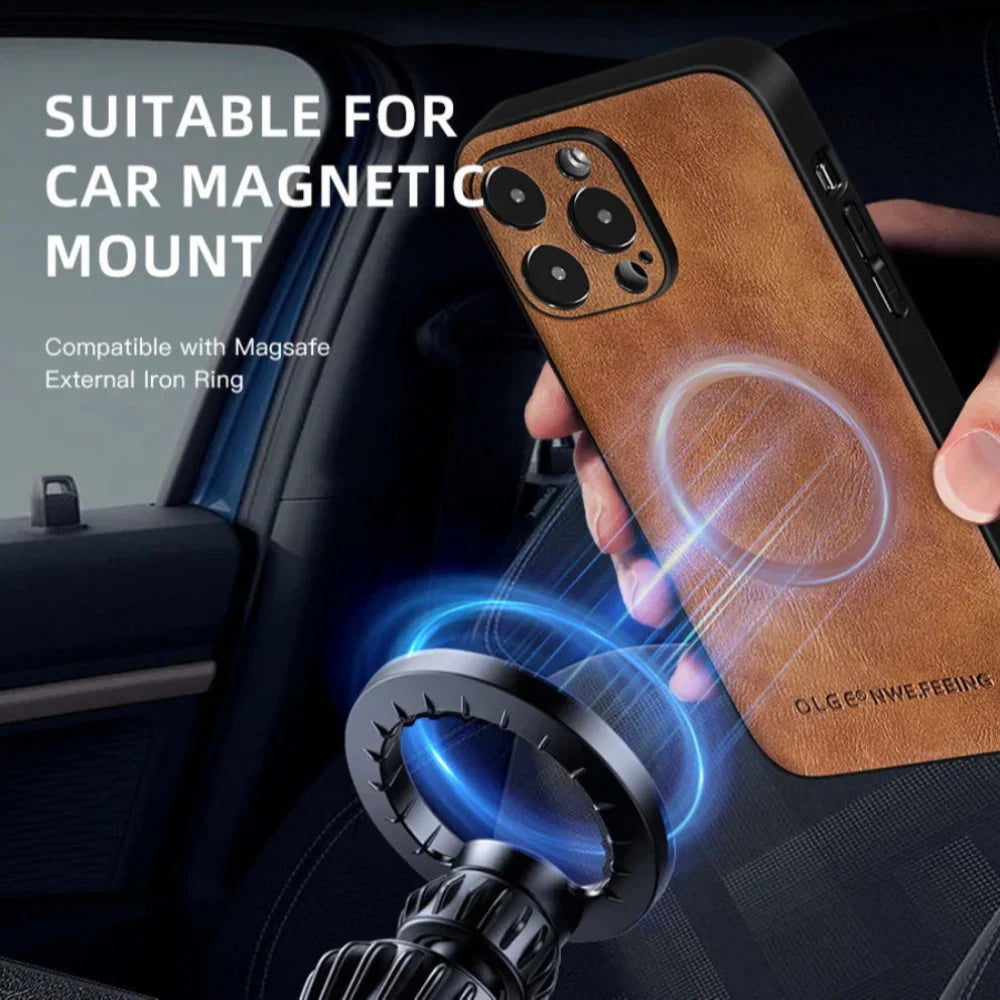 Vegan Leatther Magnetic charging compatible Phone Case for iPhone 13 to 17