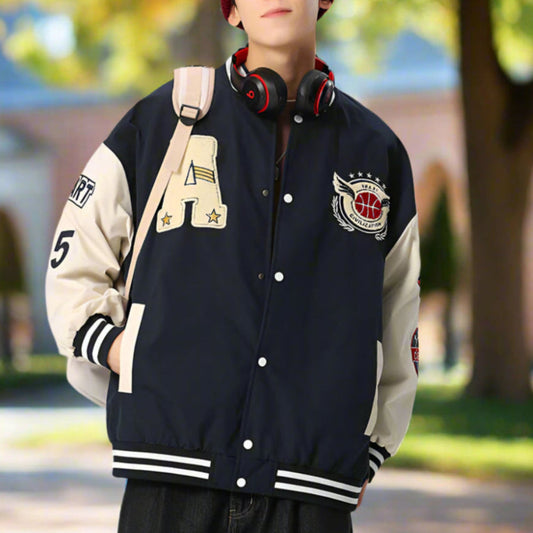 Mens Oversize Two Tone Embroidery Patch Baseball Jacket