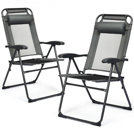 2 Pieces Patio Adjustable Folding Recliner Chairs with 7 Level Adjustable Backrest-Gray