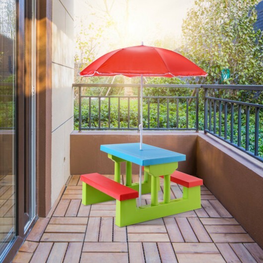 Kids Picnic Folding Table and Bench with Umbrella-Yellow