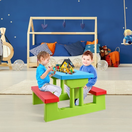 Kids Picnic Folding Table and Bench with Umbrella-Yellow