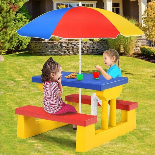 Kids Picnic Folding Table and Bench with Umbrella-Yellow