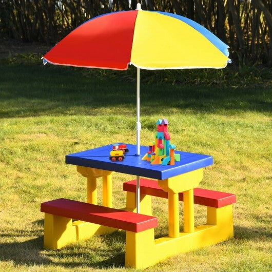 Kids Picnic Folding Table and Bench with Umbrella-Yellow