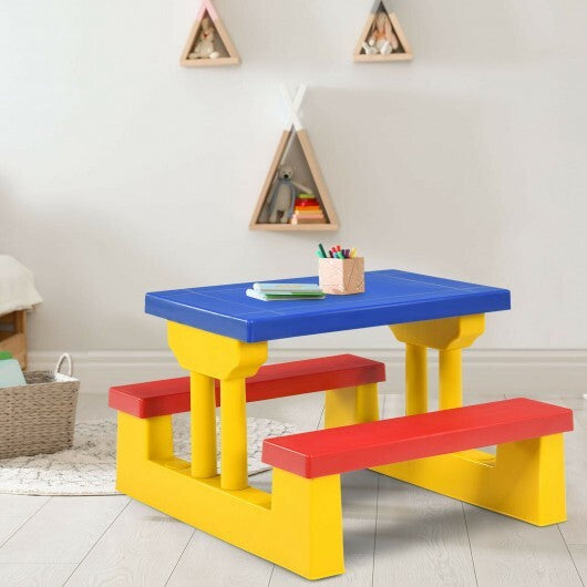 Kids Picnic Folding Table and Bench with Umbrella-Yellow