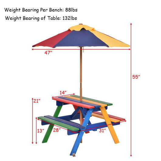 Outdoor 4-Seat Kid's Picnic Table Bench with Umbrella