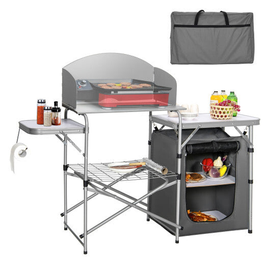 Foldable Outdoor BBQ Portable Grilling Table With Windscreen Bag