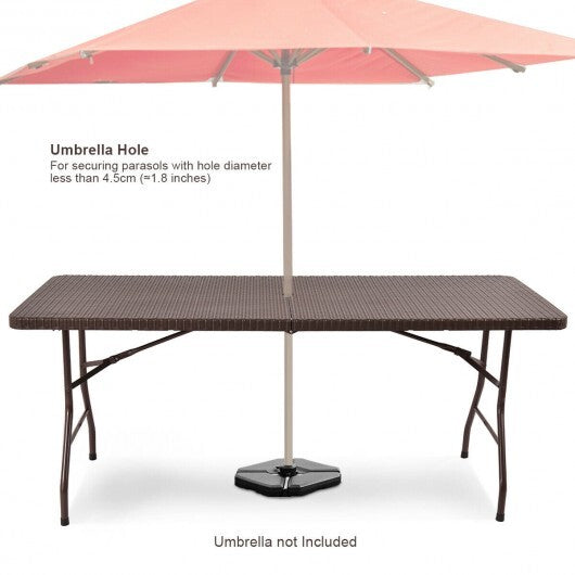 6 Feet Folding Portable Rattan Table with Carrying Handle - Color: Brown