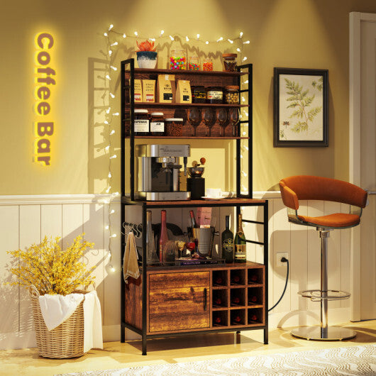 Coffee Bar Cabinet with Built-in Power Outlet and S-Shaped Hooks
