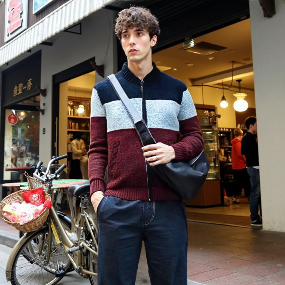 Mens Color Block Zipper Cardigan