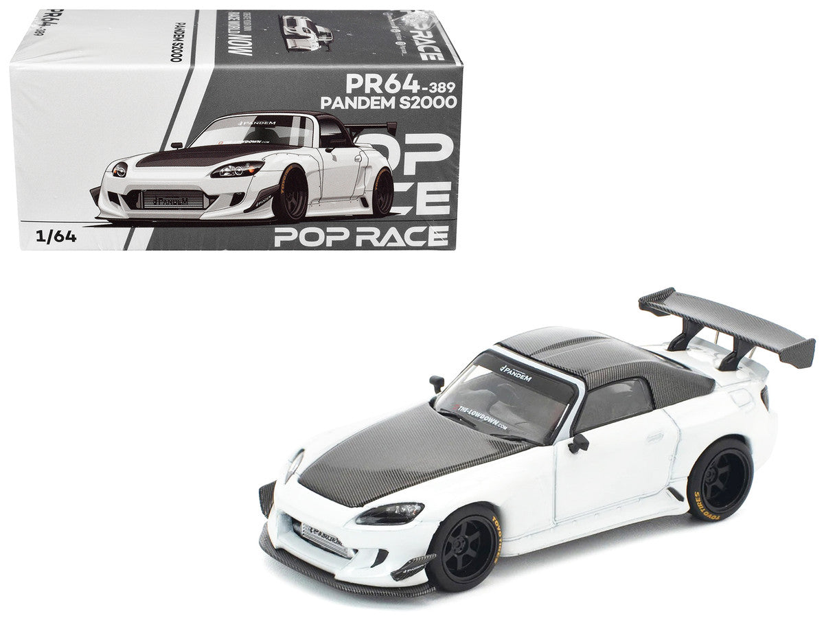 Honda Pandem S2000 RHD (Right Hand Drive) White with Carbon Hood and Top 1/64 Diecast Model Car by Pop Race