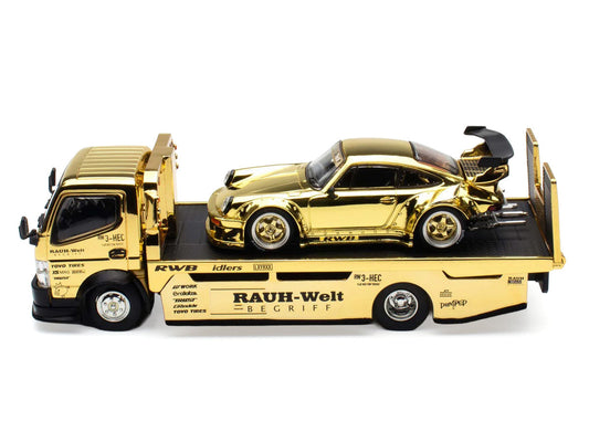 Nissan Pandem Fuso-300 Flatbed Truck RHD (Right Hand Drive) Gold Chrome and RWB 930 Gold Chrome with Graphics 2 Car Box Set "Hobby Expo China 2026" 1/64 Diecast Model Car by Pop Race