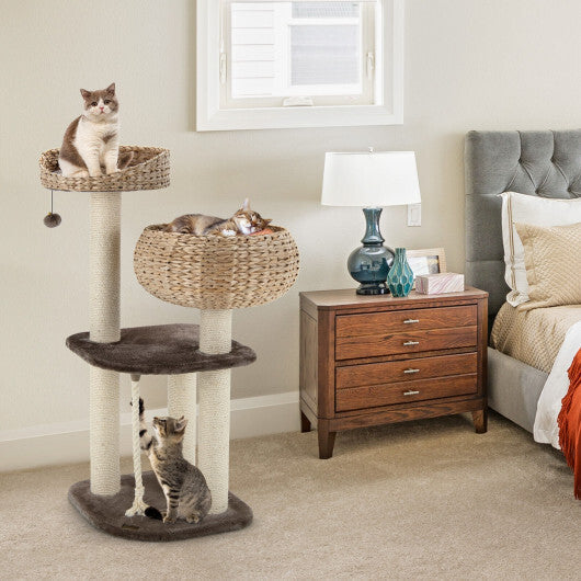 41 Inch Rattan Cat Tree with Napping Perch-Brown - Color: Brown