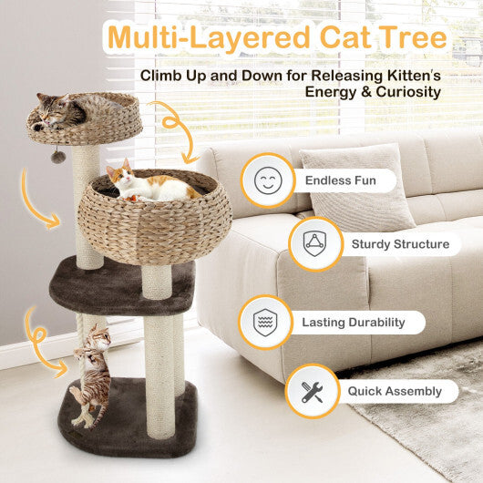41 Inch Rattan Cat Tree with Napping Perch-Brown - Color: Brown