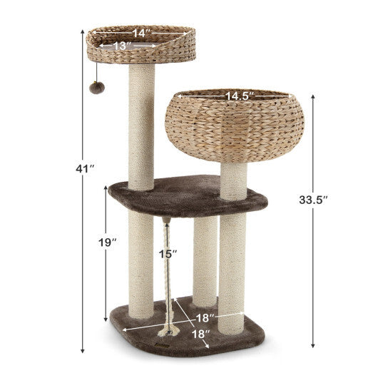 41 Inch Rattan Cat Tree with Napping Perch-Brown - Color: Brown