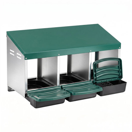 3-Compartment Roll Away Chicken Nesting Box for Egg Collection with Removable Trays and Landing Steps-Green