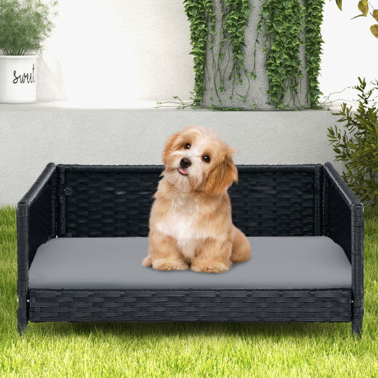 Rattan Dog Bed with Waterproof Soft Cushion for Medium Small Dogs Cats-Gray
